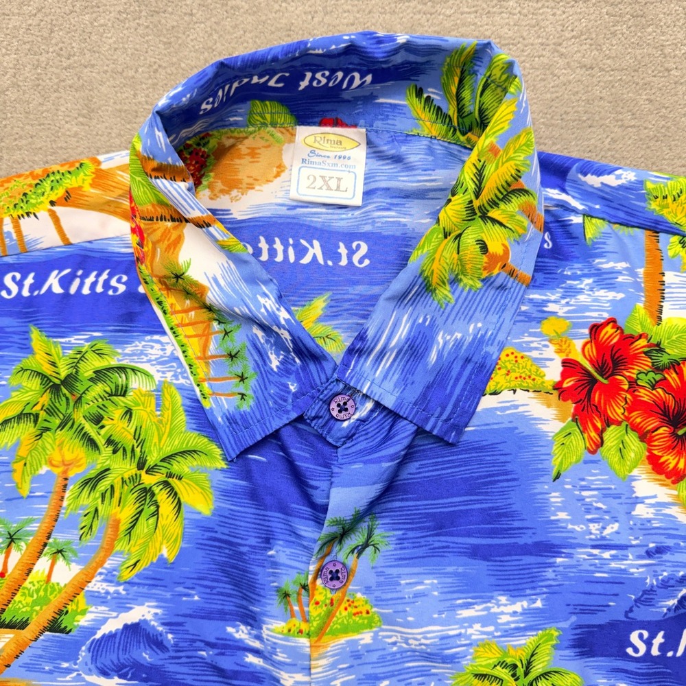 Rima Beachworld St Kitts Nevis Tropical Hawaiian Shirt Mens 2XL Blue Terivoile